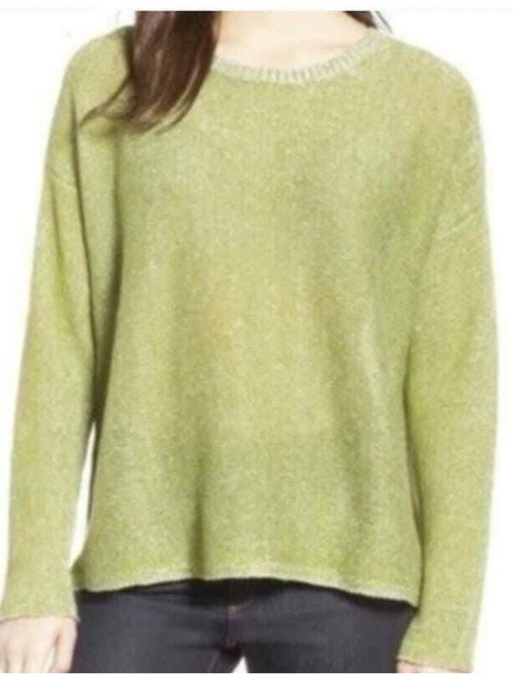 Eileen Fisher 100% Organic Linen Lightweight Pullover Crew Neck Sweater Green